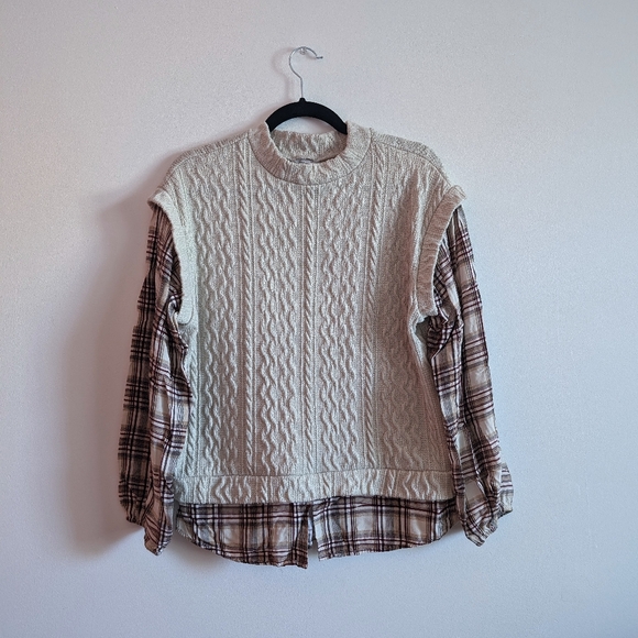Plaid Sleeve Layered Mock Neck Top - Picture 1 of 8